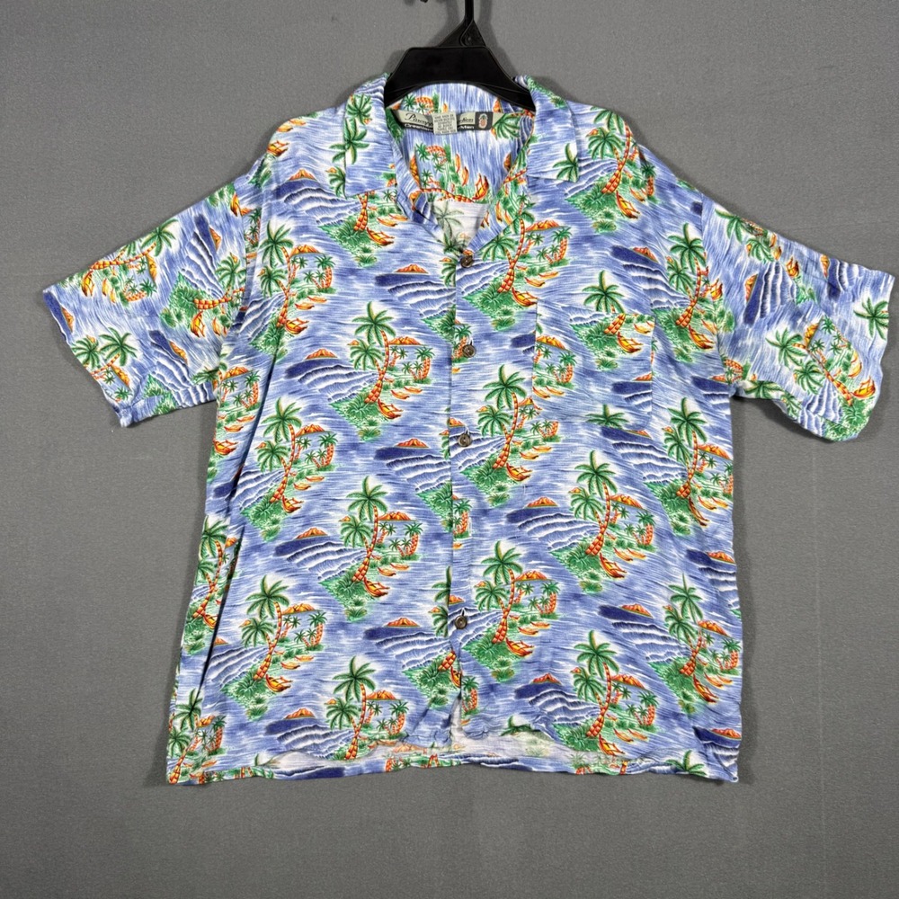 Pineapple Connection Shirt Mens M Blue Tropical Palm Tree Rayon Aloha Camp Top